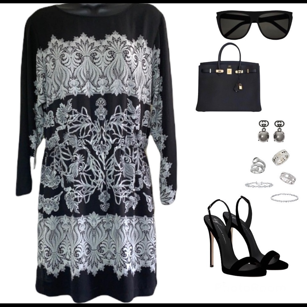 BCBG Maxazria Black/White long sleeve floral print mini dress size S - Picture 9 of 9